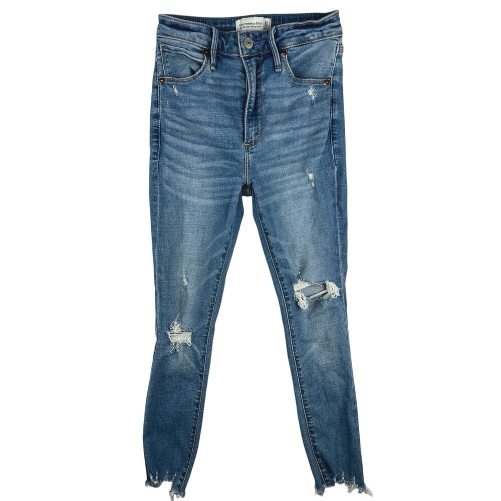Abercrombie & Fitch Womens Blue Distressed High Rise Super Skinny Denim Jeans 24